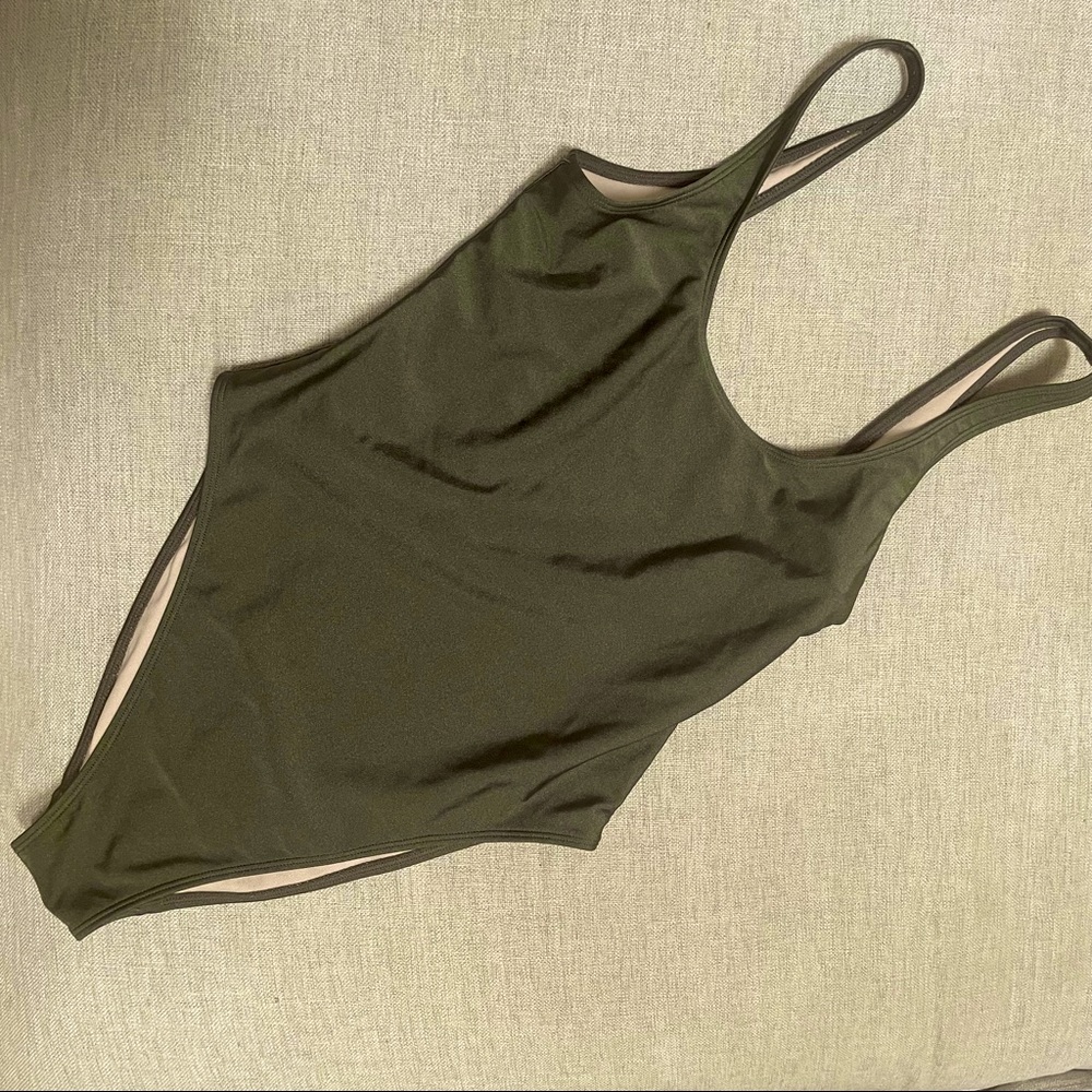 Army Green 80s style high cut low back one piece swimsuit